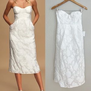 White Floral Jacquard Strapless Midi Dress S NWT